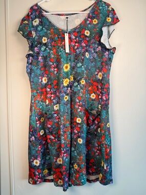 2XL Colorful Floral Dress w/ Pockets Stretch Short Sleeve Summer Midi